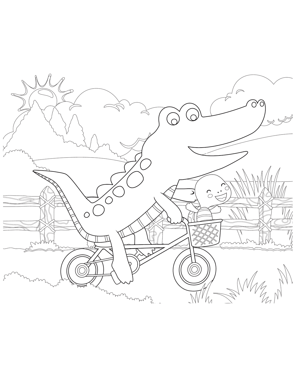 Dibujo de cocodrilo en bicicleta para colorear 
