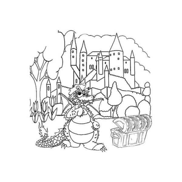  Dibujo de dragón y castillo para colorear